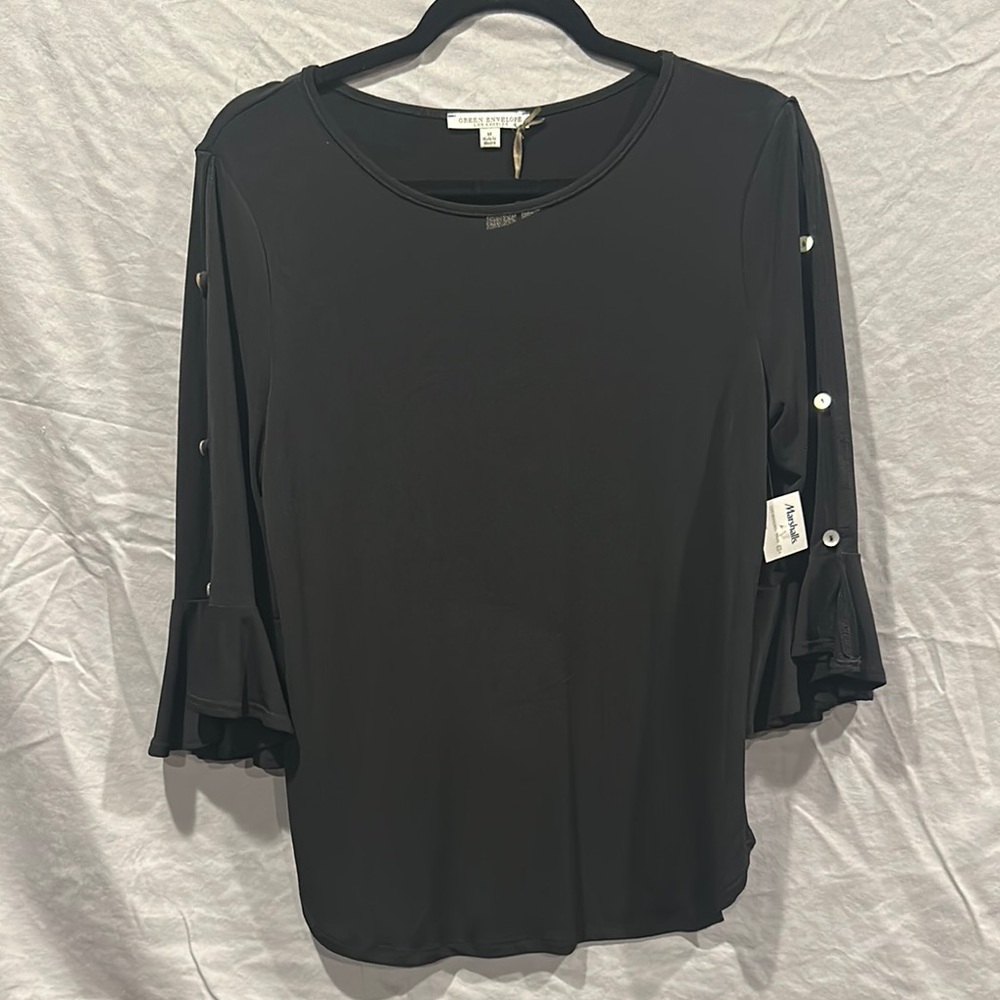 Green Envelope Elegant Black Blouse with Button Details